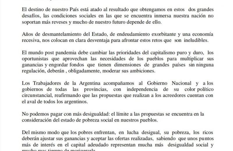 Comunicado oficial de la CGT ante la deuda externa