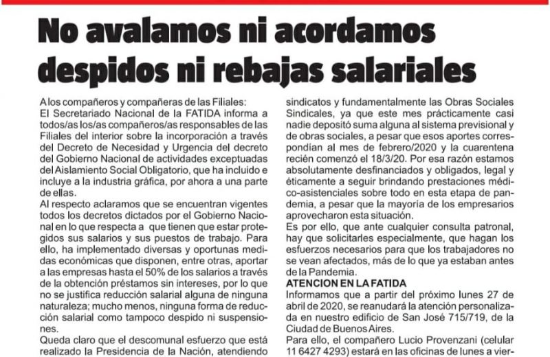 Desde FATIDA no avalamos ni acordamos despidos ni rebajas salariales