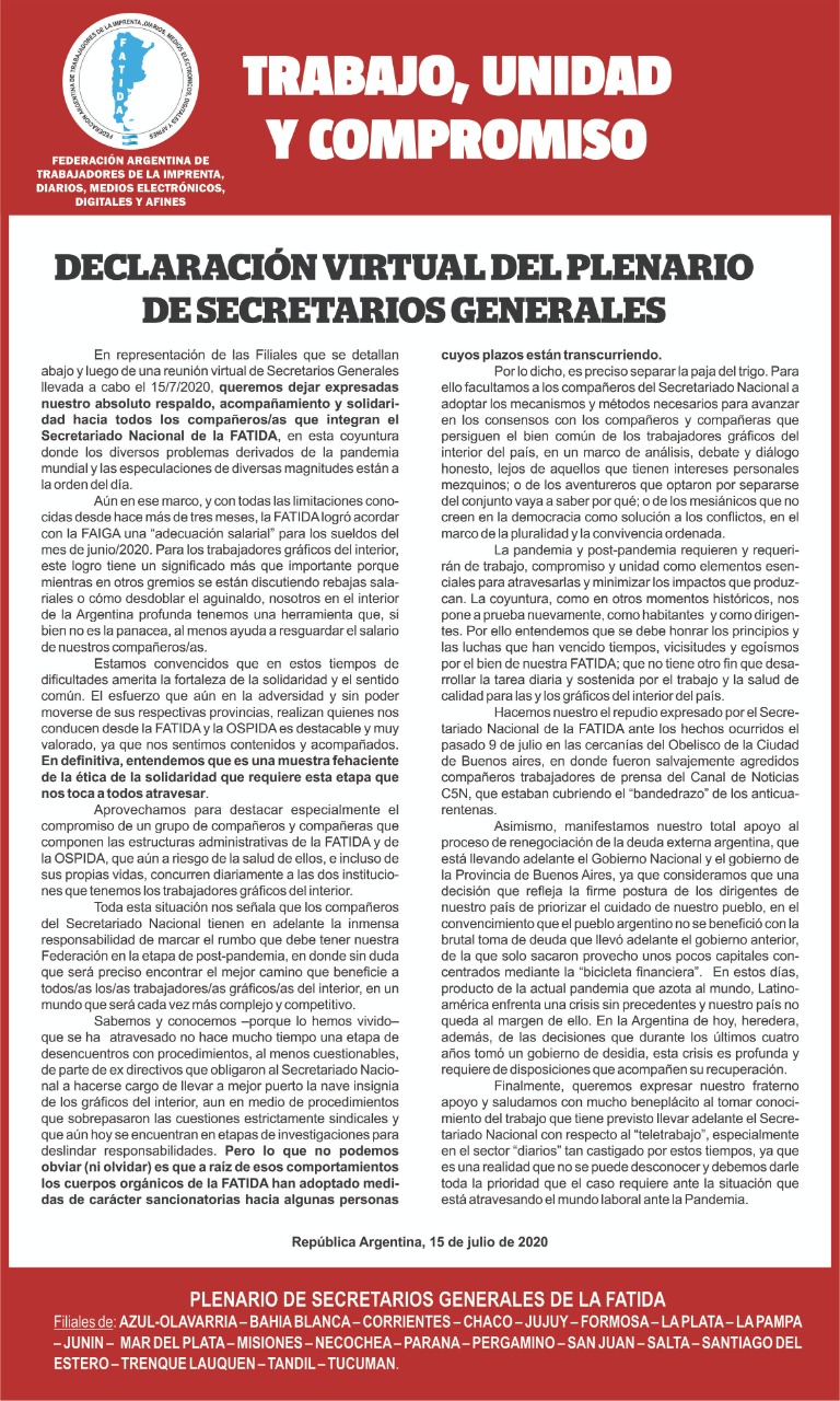 Plenario virtual de secretarios generales de la FATIDA