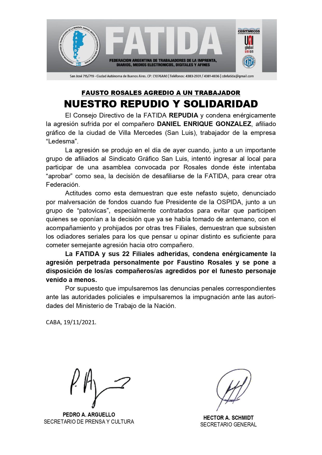 Repudio a Rosales por agresión al compañero González