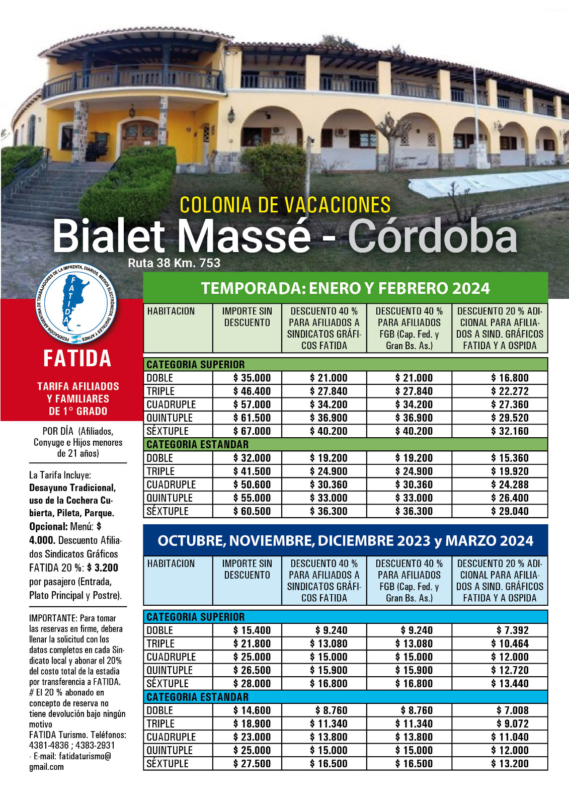 Tarifas Colonia Bialet Massé