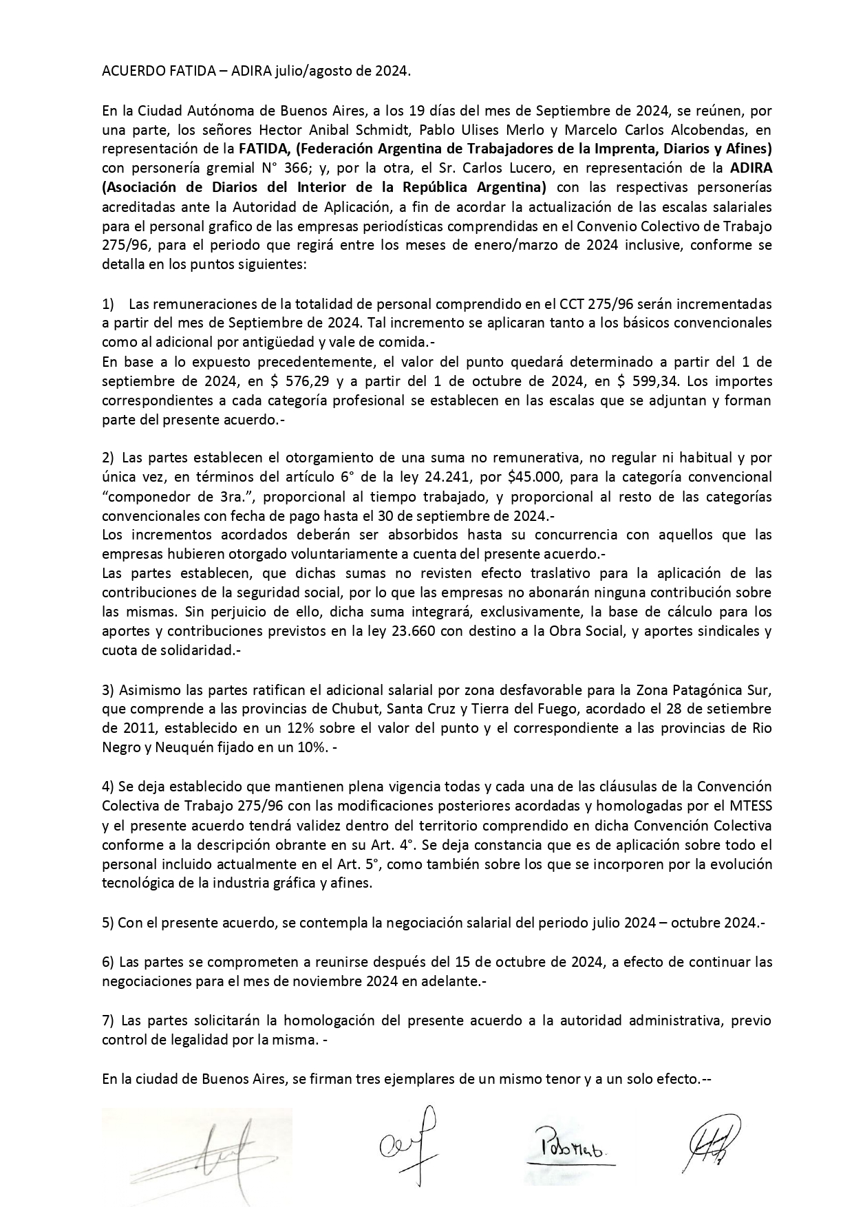 Acuerdo Salarial ADIRA – FATIDA – Julio-Octubre 2024
